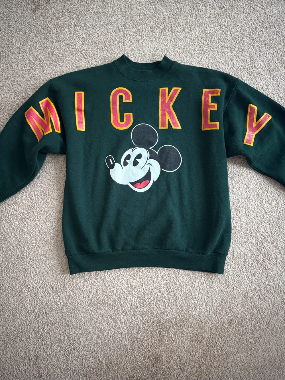 Vintage Mickey Graphic Sweatshirt - Dark Green with Yellow & Red Lettering
